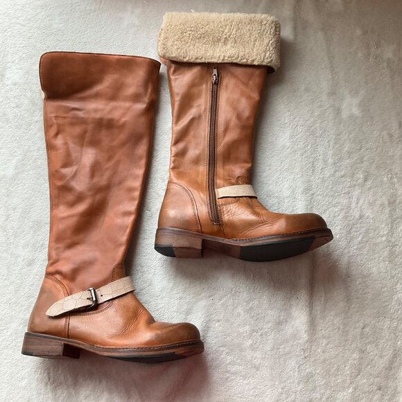 Tan Leather Combat Boots with Shearling Cuff - Picture 6 of 15